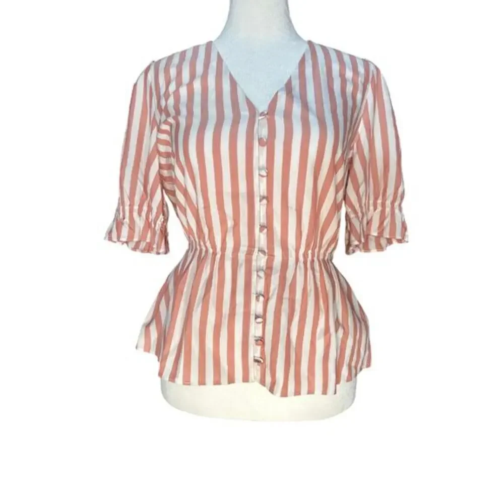 Madewell  White‎ Striped Button Front Peplum Top Puff Sleeve V-Neck NWT XS